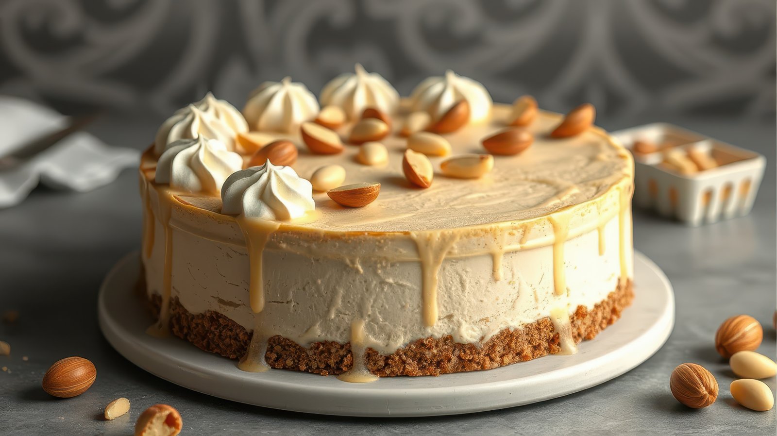 Delicious almond cream cake with whipped topping and almond garnish on a marble countertop